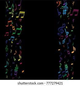 Color flying musical notes isolated on white backdrop. Childish musical notation symphony signs, notes for sound and tune music. Vector symbols for melody recording, prints and back layers.