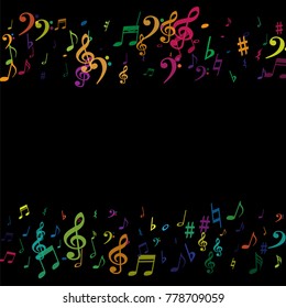 Color flying musical notes isolated on white background. Fresh musical notation symphony signs, notes for sound and tune music. Vector symbols for melody recording, prints and back layers.