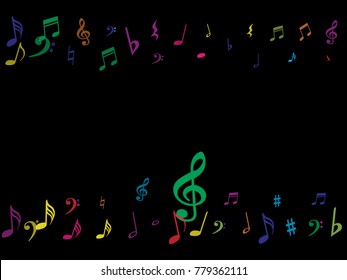 Color flying musical notes isolated on white backdrop. Fresh musical notation symphony signs, notes for sound and tune music. Vector symbols for melody recording, prints and back layers.