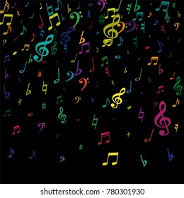 Color flying musical notes isolated on white backdrop. Rainbow musical notation symphony signs, notes for sound and tune music. Vector symbols for melody recording, prints and back layers.
