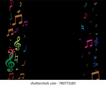 Color flying musical notes isolated on white backdrop. Rainbow musical notation symphony signs, notes for sound and tune music. Vector symbols for melody recording, prints and back layers.