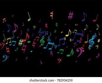 Color flying musical notes isolated on white backdrop. Childish musical notation symphony signs, notes for sound and tune music. Vector symbols for melody recording, prints and back layers.