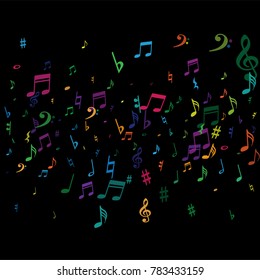 Color flying musical notes isolated on white background. Fun musical notation symphony signs, notes for sound and tune music. Vector symbols for melody recording, prints and back layers.