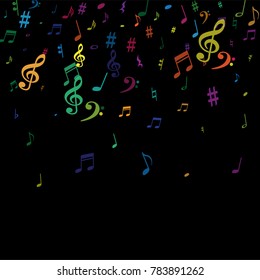 Color flying musical notes isolated on white background. Fun musical notation symphony signs, notes for sound and tune music. Vector symbols for melody recording, prints and back layers.