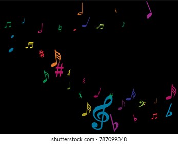Color flying musical notes isolated on white backdrop. Fresh musical notation symphony signs, notes for sound and tune music. Vector symbols for melody recording, prints and back layers.