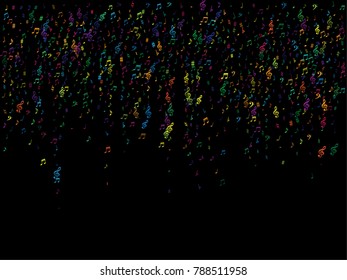 Color flying musical notes isolated on white backdrop. Childish musical notation symphony signs, notes for sound and tune music. Vector symbols for melody recording, prints and back layers.