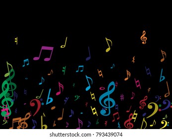 Color flying musical notes isolated on white background. Cute musical notation symphony signs, notes for sound and tune music. Vector symbols for melody recording, prints and back layers.