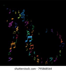 Color flying musical notes isolated on white backdrop. Cute musical notation symphony signs, notes for sound and tune music. Vector symbols for melody recording, prints and back layers.