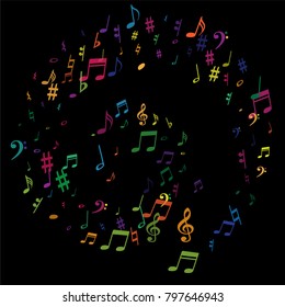 Color flying musical notes isolated on white backdrop. Fun musical notation symphony signs, notes for sound and tune music. Vector symbols for melody recording, prints and back layers.