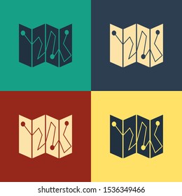 Color Folded map with location marker icon isolated on color background. Vintage style drawing. Vector Illustration