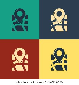 Color Folded map with location marker icon isolated on color background. Vintage style drawing. Vector Illustration