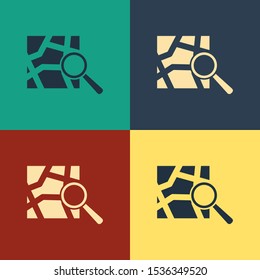 Color Folded map with location marker icon isolated on color background. Vintage style drawing. Vector Illustration
