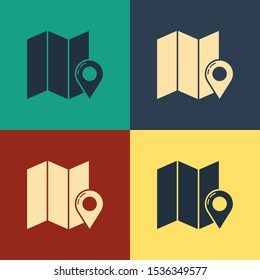 Color Folded map with location marker icon isolated on color background. Vintage style drawing. Vector Illustration