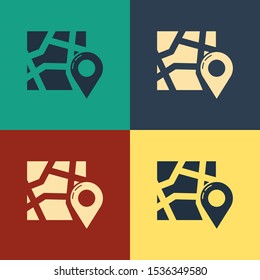 Color Folded map with location marker icon isolated on color background. Vintage style drawing. Vector Illustration