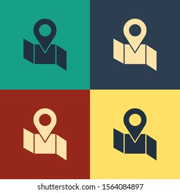 Color Folded map with location marker icon isolated on color background. Vintage style drawing. Vector Illustration
