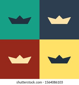 Color Folded paper boat icon isolated on color background. Origami paper ship. Vintage style drawing. Vector Illustration