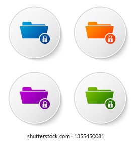 Color Folder and lock icon isolated on white background. Closed folder and padlock. Security, safety, protection concept. Set icons in circle buttons. Vector Illustration