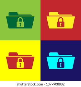 Color Folder and lock icon isolated on color backgrounds. Closed folder and padlock. Security, safety, protection concept. Vector Illustration