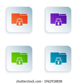 Carpeta de color e icono de bloqueo aislado en fondo blanco. Carpeta cerrada y candado. Seguridad, seguridad, concepto de protección. Establezca iconos coloridos en los botones cuadrados. Vector