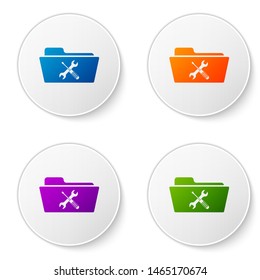 Color Folder with screwdriver and wrench icon isolated on white background. Adjusting, service, setting, maintenance, repair, fixing. Set icons in circle buttons. Vector Illustration