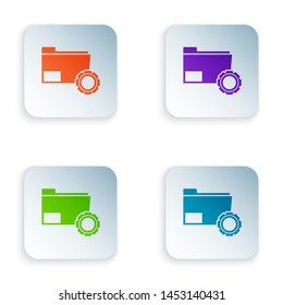 Color Folder settings with gears icon on white background. Software update, transfer protocol, teamwork tool management, copy process. Set icons in colorful square buttons. Vector Illustration