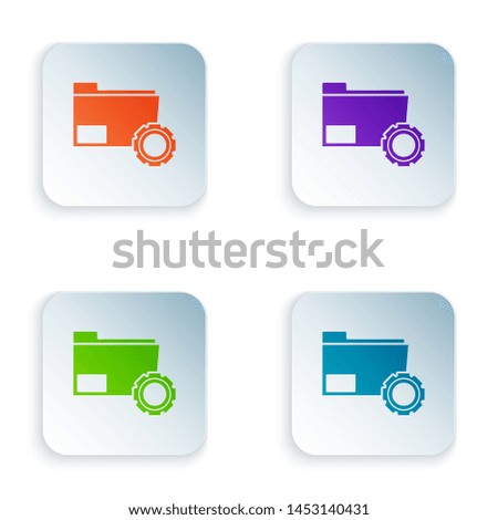 Color Folder settings with gears icon on white background. Software update, transfer protocol, teamwork tool management, copy process. Set icons in colorful square buttons. Vector Illustration