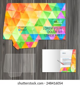 Color folder template design for corporate identity with triangular pattern. Stationery set