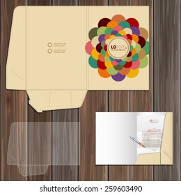 Color folder template design for corporate identity with round central element. Stationery set