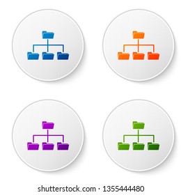 Color Folder tree icon isolated on white background. Computer network file folder organization structure flowchart. Set color icon in circle buttons. Vector Illustration