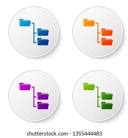 Color Folder tree icon isolated on white background. Computer network file folder organization structure flowchart. Set color icon in circle buttons. Vector Illustration