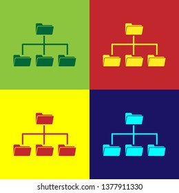 Color Folder tree icon isolated on color backgrounds. Computer network file folder organization structure flowchart. Flat design. Vector Illustration