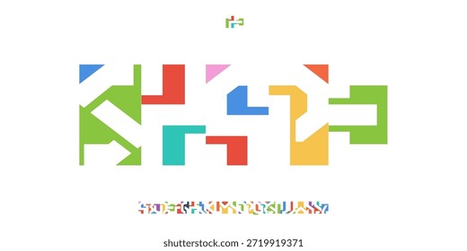 Color Font Logo Alfabeto Vector Diversión Geométrica Conjunto de Letras Tipografía Bloqueada, Arte Diseño Tipográfico para Texto de Título, Festive Typo Poster Headline, Type Fest Logotype, Coloridas Fuentes. Vector tipográfico.