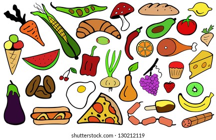 color food doodles isolated on white