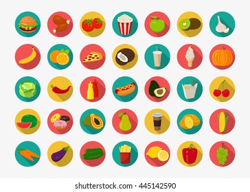 Color food set. Fruits and Vegetables icons. Fast food icons. Modern flat design. Vector illustration