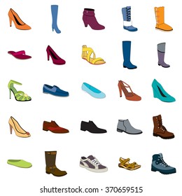  Color footwear set. Ankle boot, biker boot, business shoe, heel-strap sandals, men sandal, moccasin, outdoor boots, rubber boots, sandals, snow boots, trainers