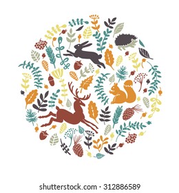 Color forest composition with animals and plants. Vector background. Illustration for greeting cards, invitations, and other printing projects.