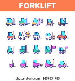 Color Forklift, Lift Truck Vector Linear Icons Set. Transportation Forklift Machine Outline Cliparts. Delivery, Logistics Pictograms Collection. Vehicle For Lifting And Carrying Loads Illustration