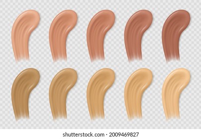 Color foundation smudges. Liquid beige and brown concealer tone strokes. Realistic cosmetic cream base swatches. Makeup samples vector set. Illustration smudge base foundation, concealer smear brown