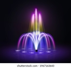 Color fountain. Realistic luminous dancing fountain, water jets backlighting show, creative landscape park element, pink and purple colors. Single vector isolated on black design object