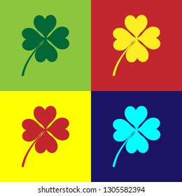 Color Four leaf clover icon isolated on color backgrounds. Happy Saint Patrick day. Flat design. Vector Illustration