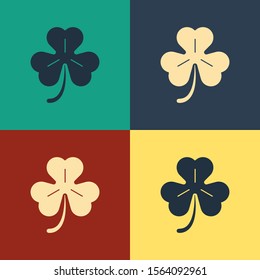 Color Four leaf clover icon isolated on color background. Happy Saint Patrick day. Vintage style drawing. Vector Illustration