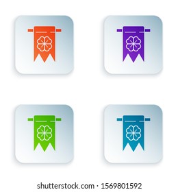 Color Four leaf clover icon isolated on white background. Party pennant for birthday celebration, festival. Happy Saint Patrick day. Set icons in colorful square buttons. Vector Illustration