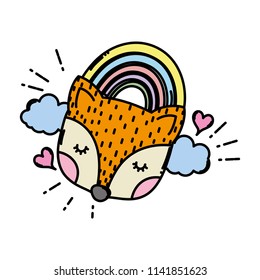 color fox head with rainbow clouds and hearts