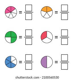 Color the fraction worksheet in mathematics. write the correct fraction for each shape