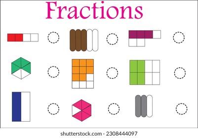 Color the fraction worksheet in mathematics. Write the correct fraction  for each shape.