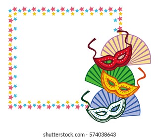 Color frame with carnival masks. Copy space. Vector clip art.