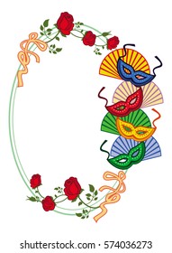 Color frame with carnival masks and red roses. Copy space. Vector clip art.