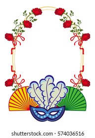 Color frame with carnival masks and red roses. Copy space. Vector clip art.