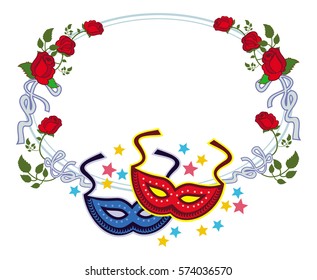 Color frame with carnival masks and red roses. Copy space. Vector clip art.