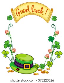 Color frame with clover, paper scroll and leprechaun hat